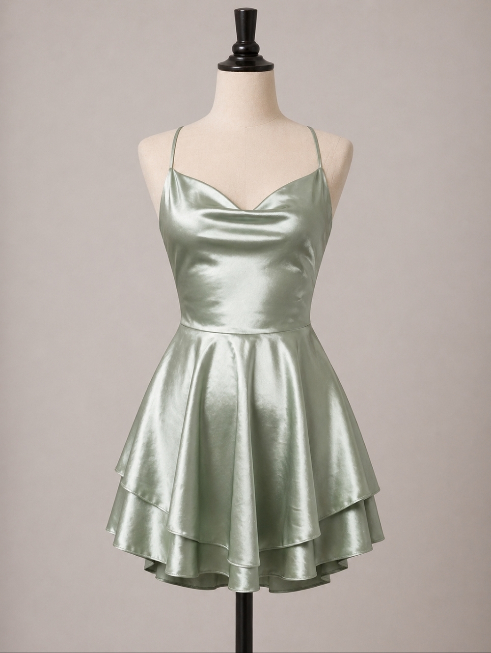 Velvet Sage Green Satin A-Line Spaghetti Strap Dress
